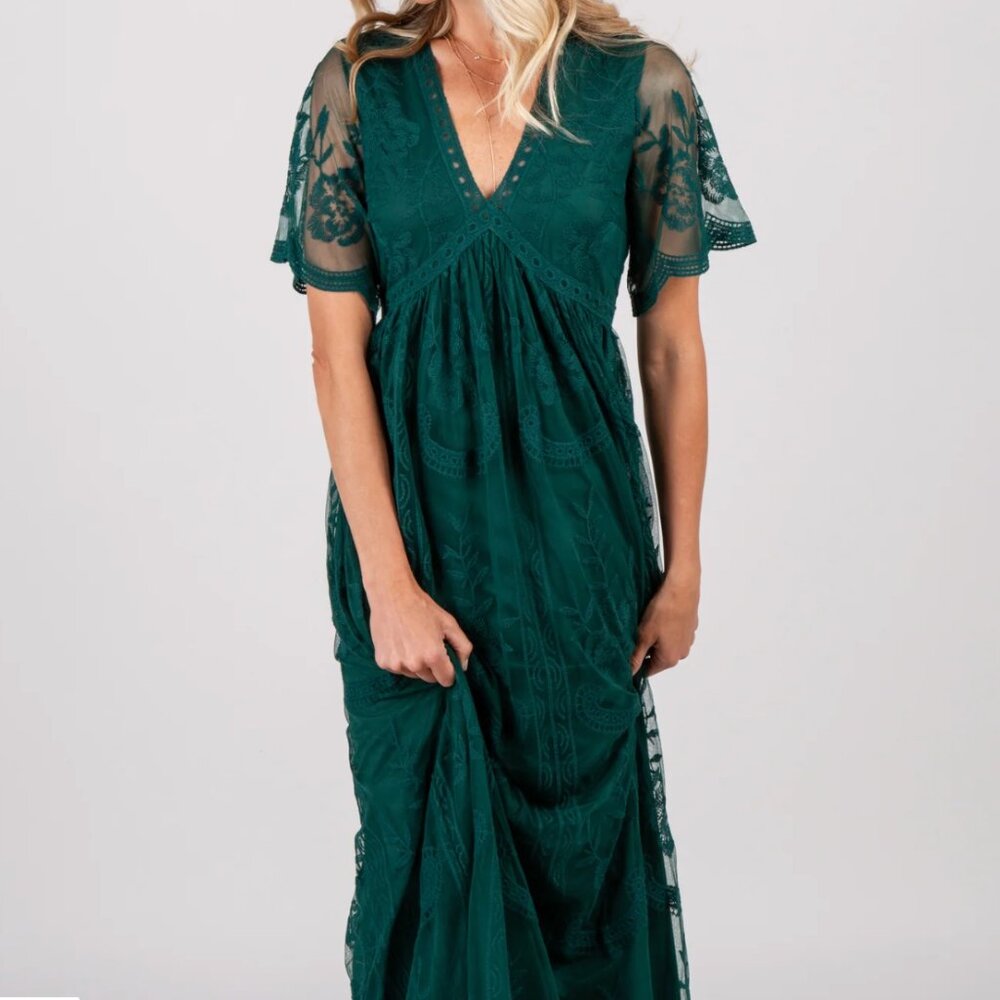 NWT PinkBlush Forest Green Lace Mesh Overlay Maxi Dress size small - Picture 13 of 13